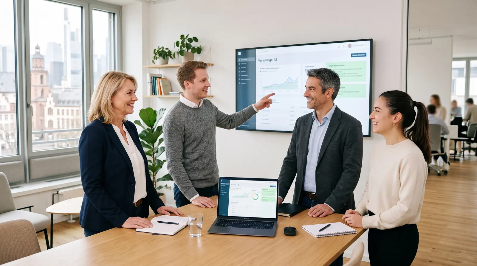 Kanzleiteam aus vier Personen bespricht an einem großen Bildschirm die Vorschläge des KI-Assistenten.