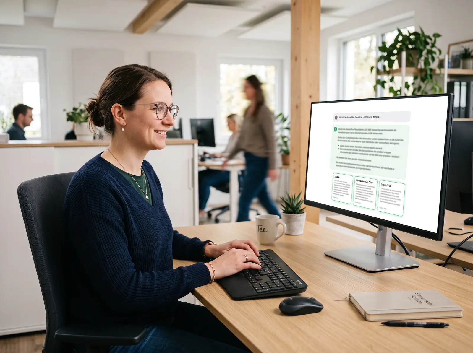 Mitarbeiterin stellt dem Wissensagenten am Monitor eine Frage und liest die Antwort mit drei verlinkten Quelldokumenten.